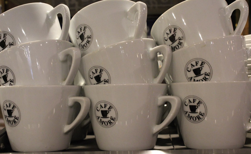 Mugs with Cafe Amore branding 